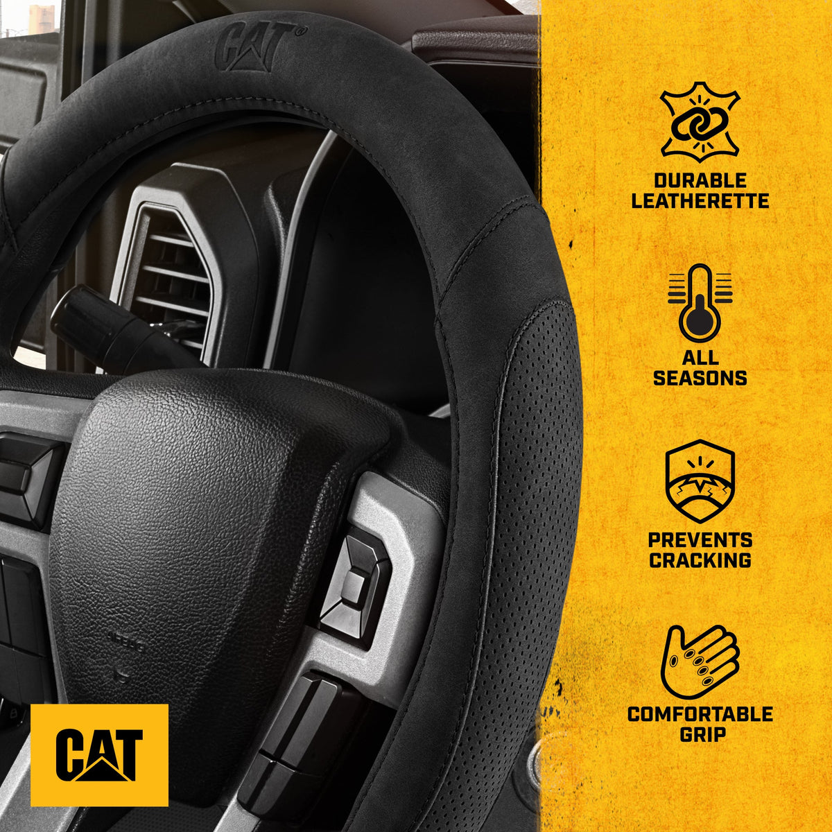Cat® Honor Line Flux Lederlenkrad Abdeckung w Metall Flag Emblem, Schwarze Lederette, Standard 14.5-15.5 Zoll, Non Slip Komfort, Auto Lenkrad Abdeckung für Auto Truck SUV, Auto Zubehör
