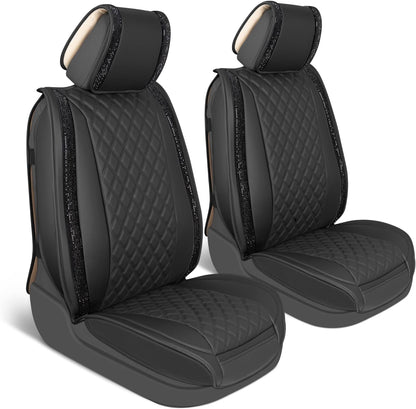 BlingStitchTM Car Seat Covers für Vordersitze - Luxuriöse vegane Ledersitzbezüge für Autos mit schwarzen Bling-Kristallen, Premium Automotive Seat Covers für SUV, Trucks, Car Bling Luxury