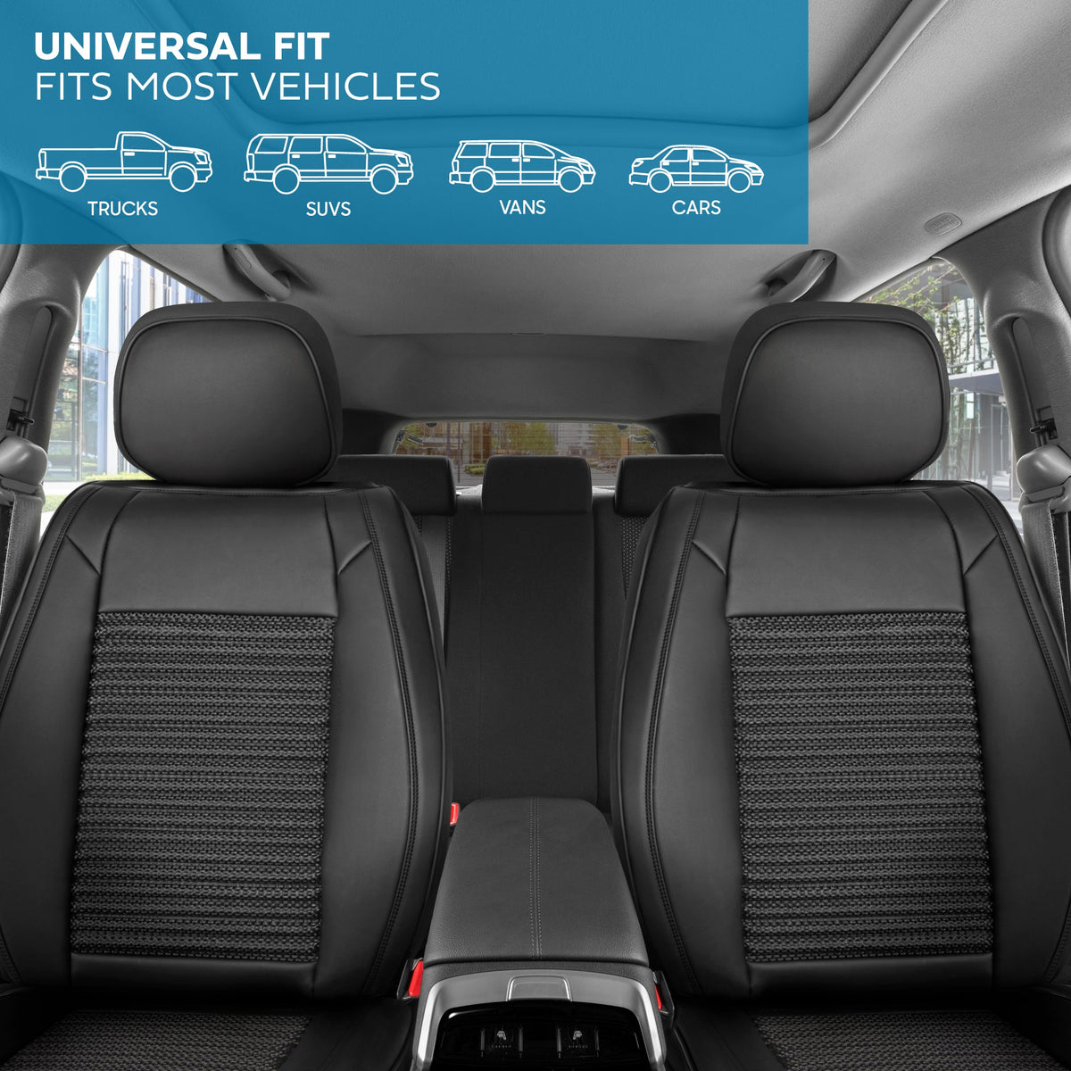 MotorBox Elite Edition Faux Leder & All Weather Wicker Sitzbezüge für Autos, LKW & SUV - 2 Black Car Seat Abdeckungen für Vordersitze - Universal Fit Car Zubehör Automotive Interior Protector