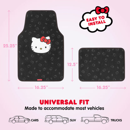 Hello Kitty Car Fußbodenmatten - Universal Fit für Autos, SUVs & Trucks - Schwarz mit rotem Bogen & Hello Kitty Print - Front & Rear Set, 4 Stück Auto Zubehör