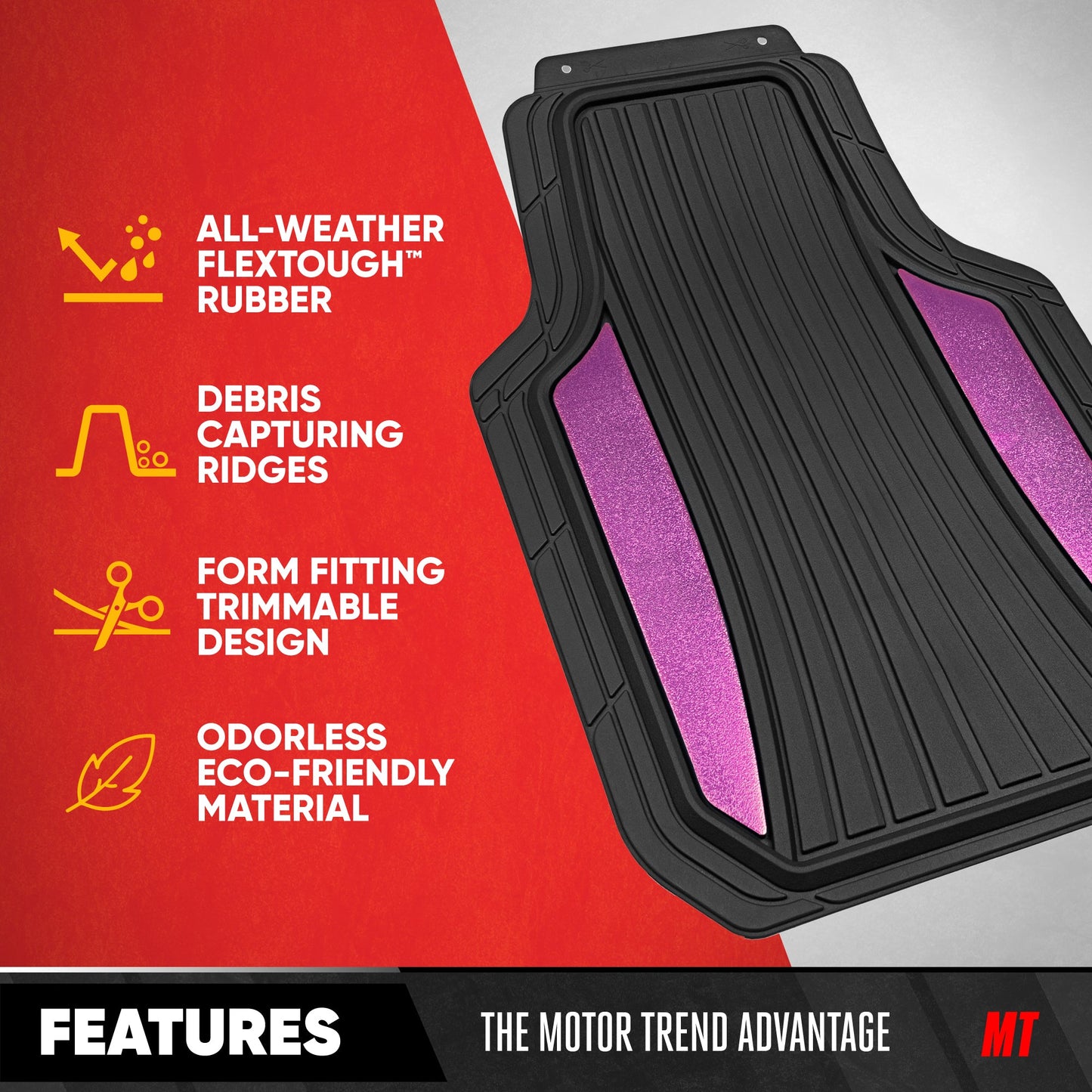 Motor Trend ChromeTech Autobodenmatten Volles Set - Langlebige Gummibodenmatten für Autos mit zwei Ton Akzent, All Wetter Innenschutz für Vorder- und Rückseite mit rutschfester Rückseite, Schwarz & Pink