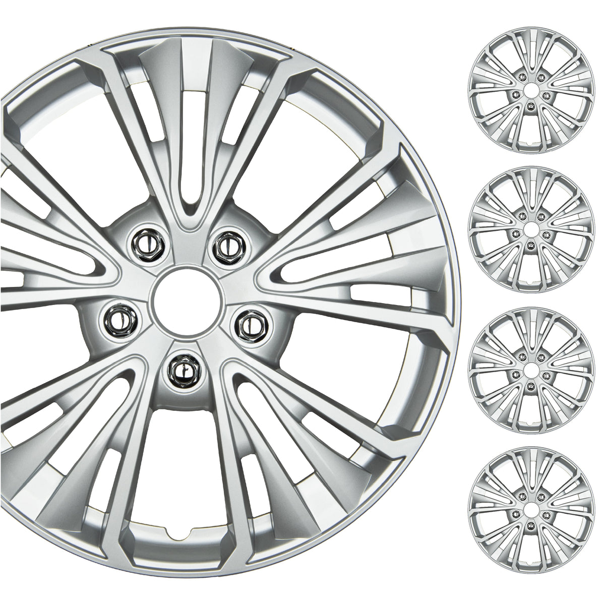 BDK 16 Zoll Hubcaps Set von 4 - OEM Ersatz Snap-On Wheel Rim Covers - Universal Fit Car Wheel Cover für Autos, LKW, SUV, Vans langlebig ABS 5-Spoke Silver Hub-Cap Car Zubehör Außen