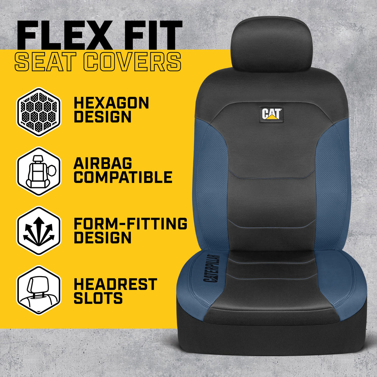 CAT Black & Blue Car Seat Covers Full Set – Front Seat Covers & Rear Bench Seat Cover – Airbag-kompatibel, 60/40 Split Bench für LKW, PKW & SUVs – Automotive Interior Seat Protection Zubehör – Alias 639034902301690571