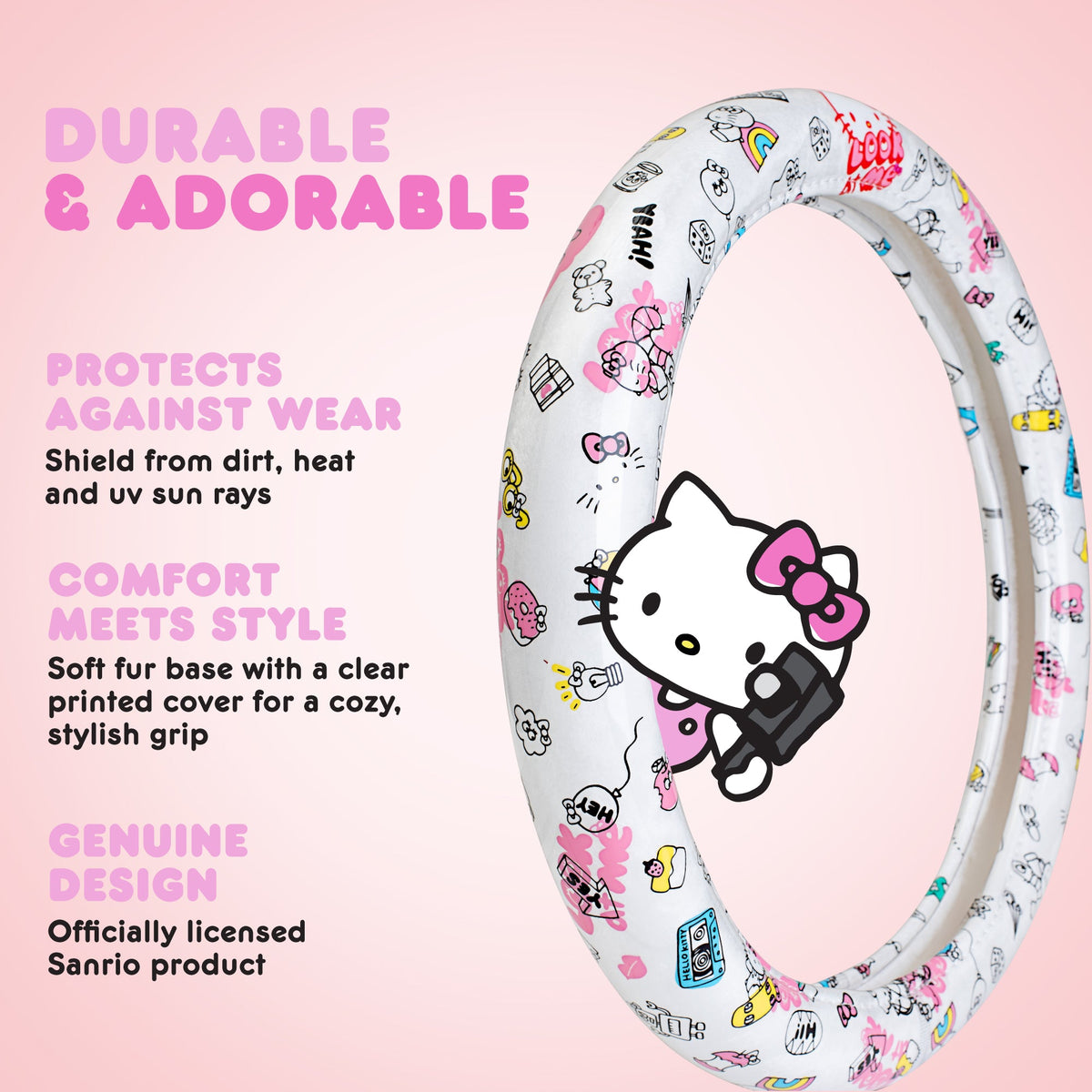 Hallo Kitty Lenkrad Abdeckung, Offizielle Sanrio Auto Lenkrad Abdeckung mit Universalgröße 14.5 - 15.5, Niedlich Weißes Lenkrad Abdeckung für Frauen, Hallo Kitty Auto Zubehör (Hallo Kitty Look At Me)