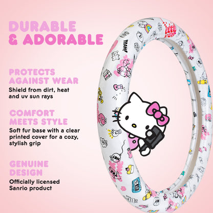 Hallo Kitty Lenkrad Abdeckung, Offizielle Sanrio Auto Lenkrad Abdeckung mit Universalgröße 14.5 - 15.5, Niedlich Weißes Lenkrad Abdeckung für Frauen, Hallo Kitty Auto Zubehör (Hallo Kitty Look At Me)