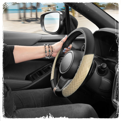 C&C California Car Steering Wheel Cover Beige Diamond Quilt, Non Slip Leather Steering Wheel Cover für Damen Männer, Niedlich Komfortable Soft Easy Installation Universal Fit (Fits 14.5'-15.5' Zoll)
