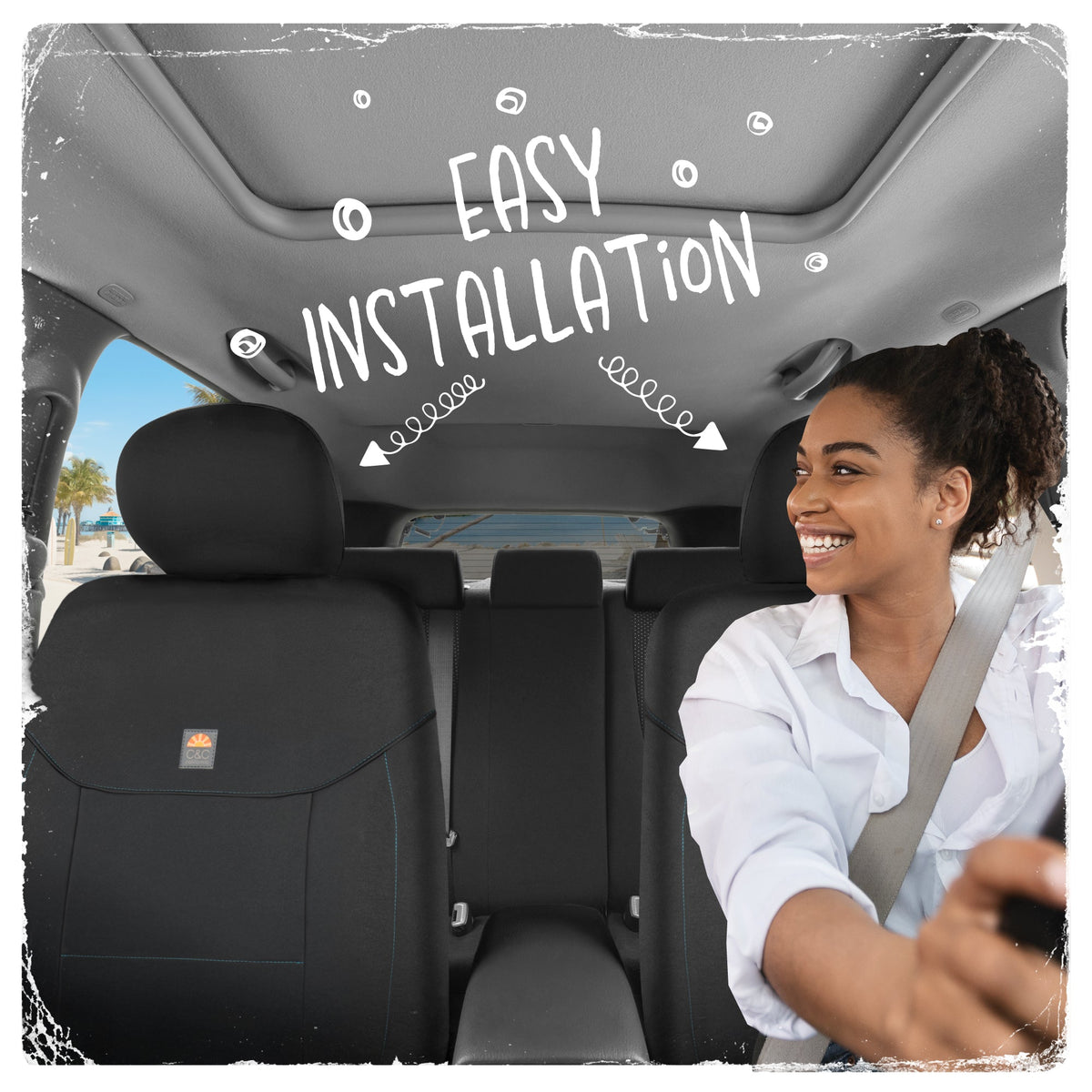 C&C Napa Ledertasche 2 Vordersitze - Faux Leder Auto Sitzprotektoren für Autos & LKW - UV-resistent, leicht zu reinigen, semi-universal fit - Stilvolles Küstendesign für Sommer Auto Interior Upgrade