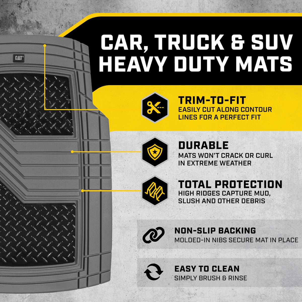 CAT 4-Stück Zwei-Tone Metallic-Look Front Floor Matts und Hintere Bodenmatten - Heavy Duty, All Weather, Trimm to Fit