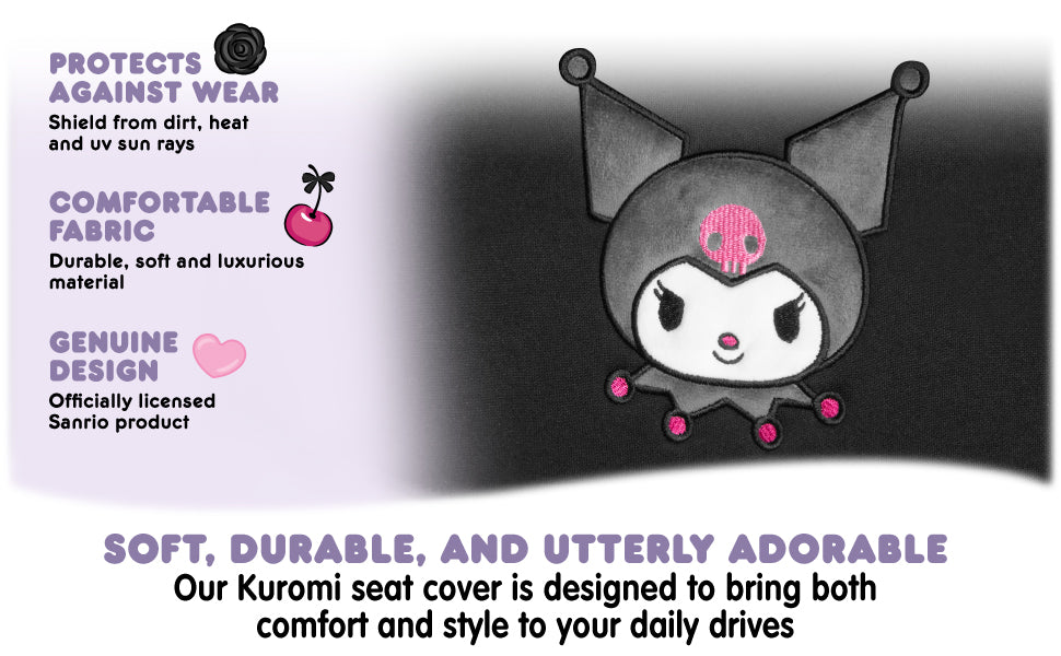 Hello Kitty Kuromi Autositzbezüge - Niedliche schwarze und violette Vordersitzbezüge mit Lavendelakzenten, langlebiges und komfortables Polyester, Autozubehör Hallo Kitty Zubehör 2pc