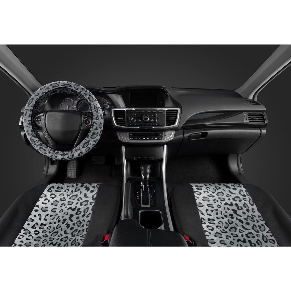 BDK 12-Piece Silver Leopard Vordersitzbezüge, Rücksitzbezüge, Sitzgurtpads und Lenkradbezüge (Fits 14.5' - 15.5')