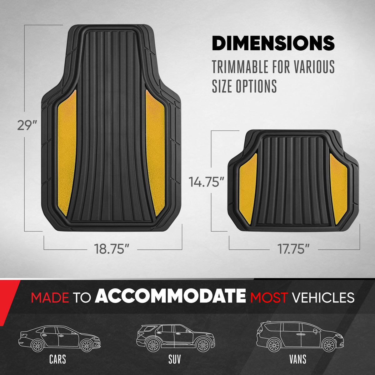 Motor Trend ChromeTech Autobodenmatten Volles Set - Langlebige Gummibodenmatten für Autos mit zwei Ton Akzent, Allwetter-Innenschutz für Vorder- und Rückseite mit rutschfester Rückseite, Schwarz / Gold