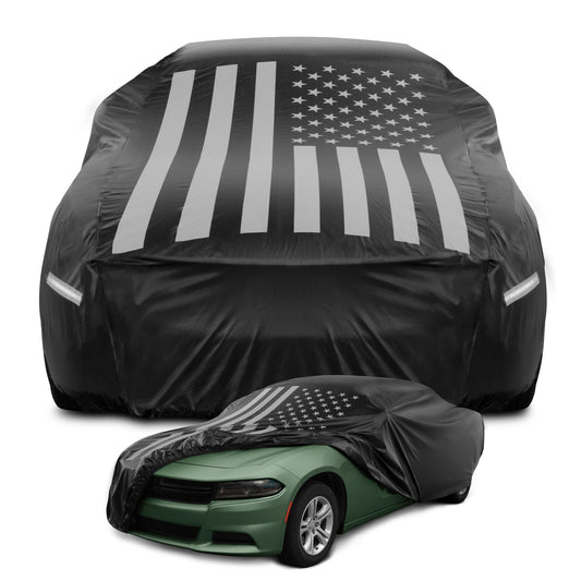 Motor Trend Black USA Flag Wasserdichte Autoabdeckung - Allwetterschutz im Freien, UV-resistent, winddicht, kratzfest - Semi-Universal Fit Limousine Full Car Cover für Sonnenregen Schnee (191'- 210' Länge)