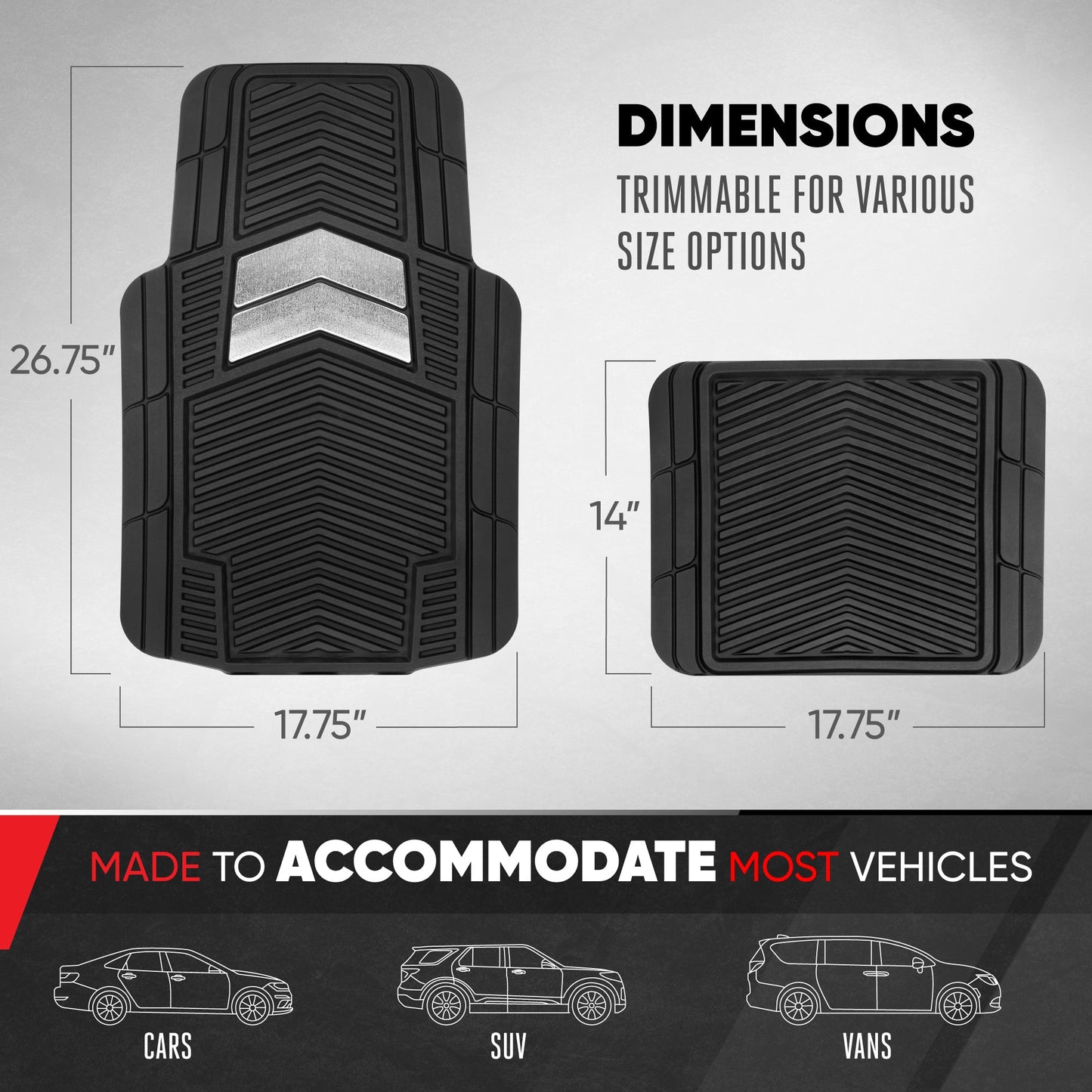 Motor Trend FlexTough Shield Black & Silver Allwetter-Bodenmatten für Autos, LKW & SUVs - Heavy Duty Waterproof Rubber Car Matts, Universal Trim für Automobilzubehör für den Innenraumschutz, Front & Rear Floor Liners