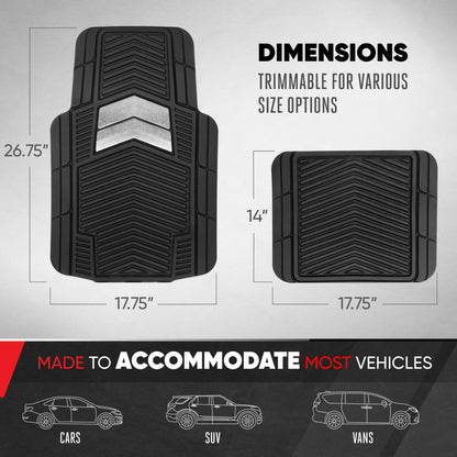 Motor Trend FlexTough Shield Black & Silver Allwetter-Bodenmatten für Autos, LKW & SUVs - Heavy Duty Waterproof Rubber Car Matts, Universal Trim für Automobilzubehör für den Innenraumschutz, Front & Rear Floor Liners
