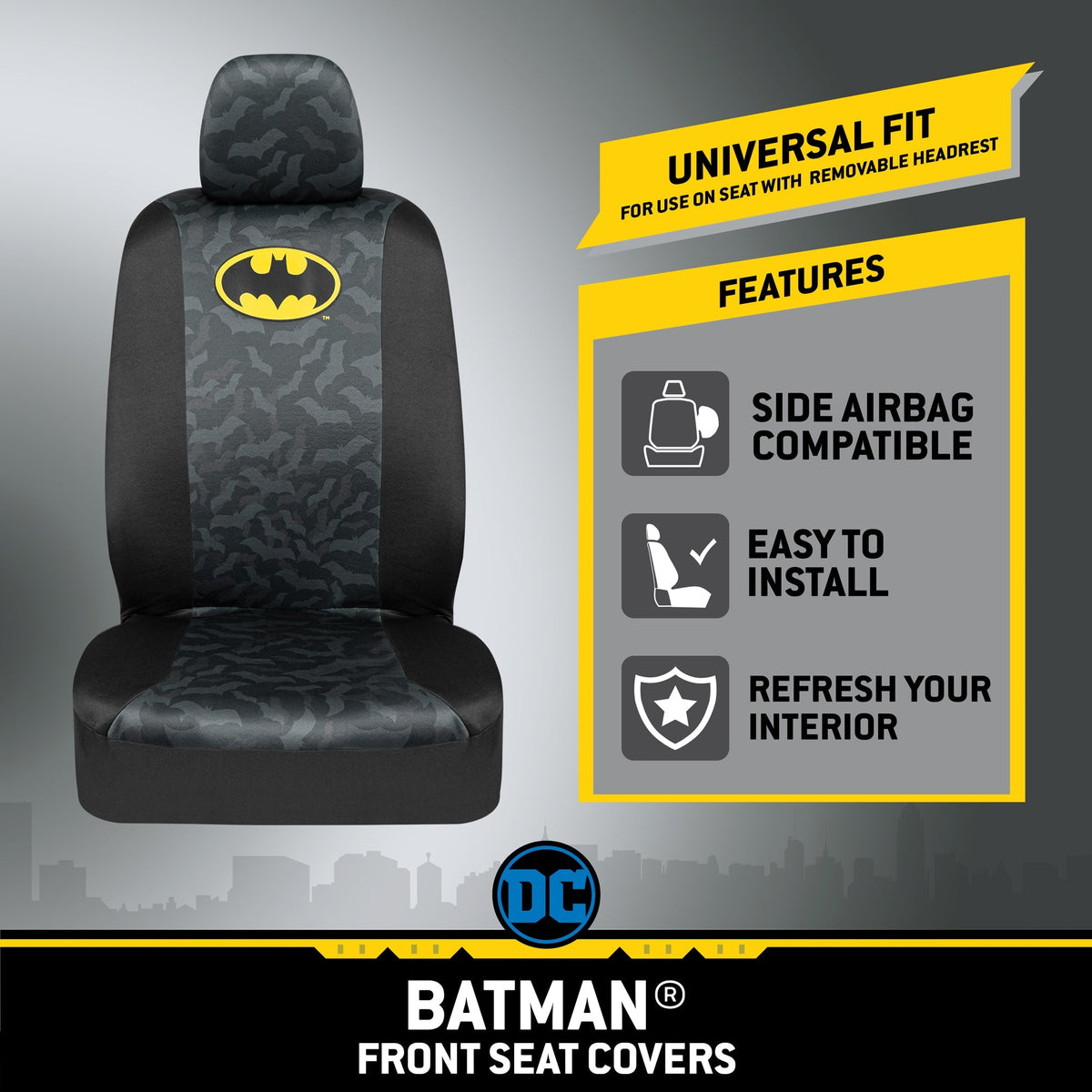 Warner Bros DC Comics 2-Pack Batman Logo mit Bat Background Vordersitzbezügen und 2-Pack Batman Logo Sitzgurtpads