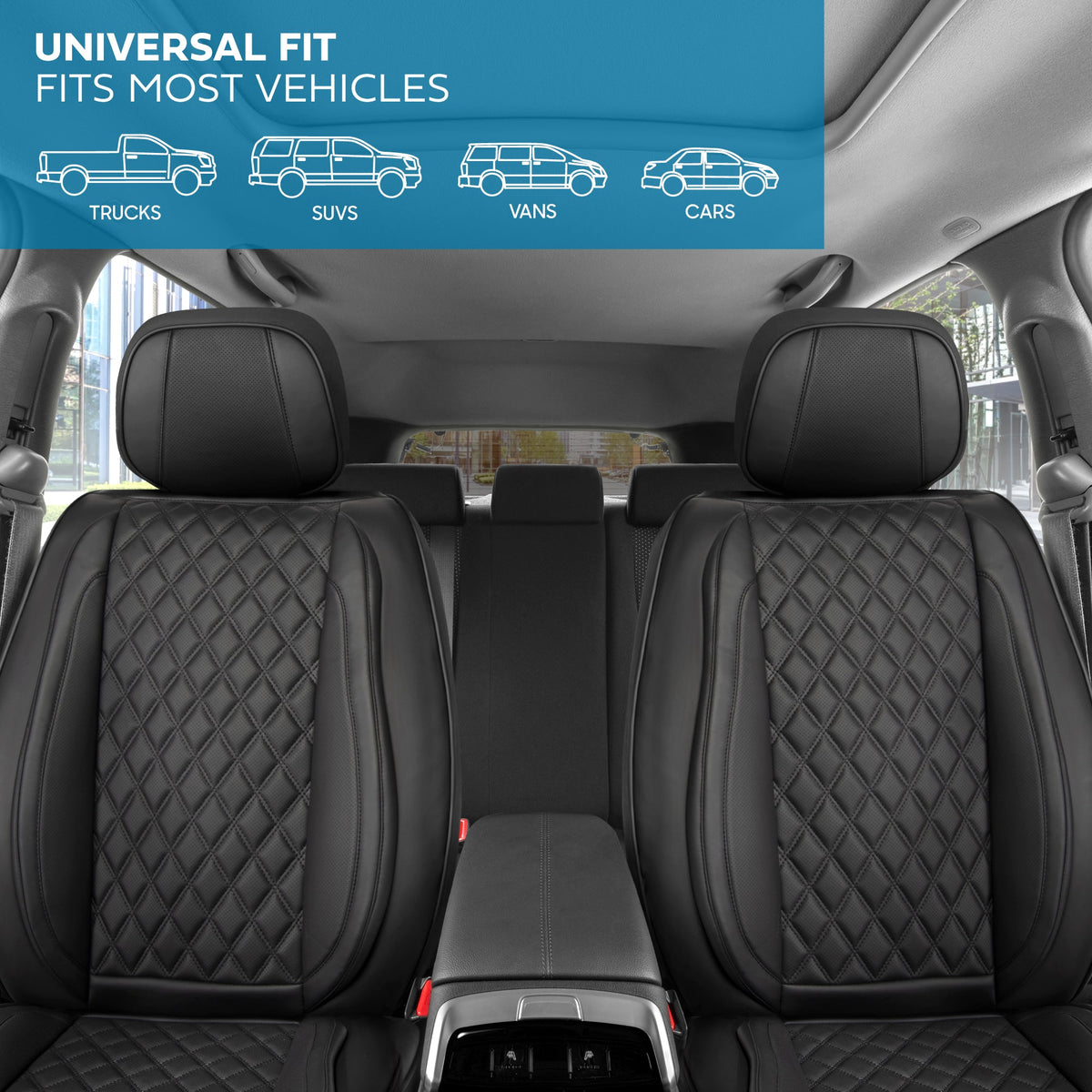 MotorBox Elite Edition Faux Ledersitz Abdeckungen für Autos, LKW und SUV - 2 schwarze Autositz Abdeckungen für Vordersitze - Universal Fit Car Zubehör Automotive Interior Cover Protector für die meisten Fahrzeuge