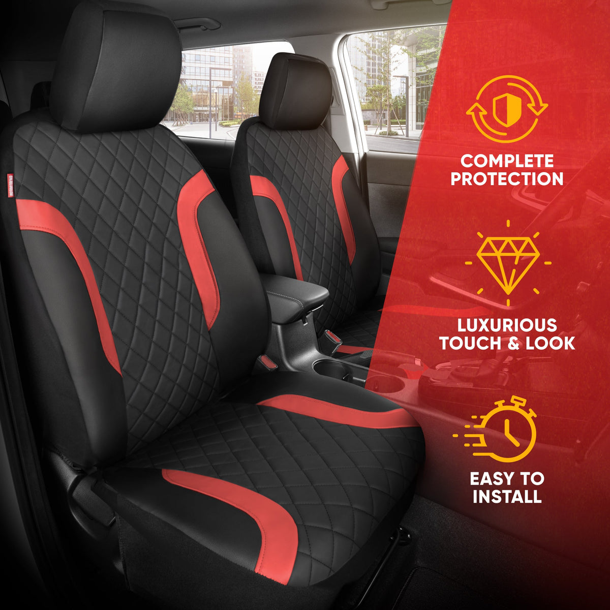 Motor Trend Faux Ledersitzbezüge für LKW, Autos und SUV - Front Black & Red Car Seat Cover Set - Universal Fit für die meisten Automobile - Forros Para Asientos De Carro - CarSeat Cover Zubehör