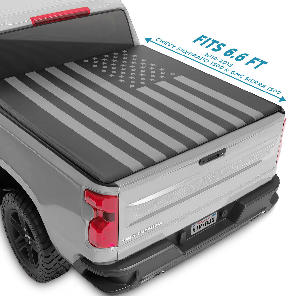 MotorBox Tri-Fold Truck Tonneau Abdeckung für Chevy Silverado 2500HD 3500HD / GMC Sierra 2500HD 3500HD (2014-2018) mit 6,6 ft Bettlänge, Allwetter Weich Klapp LKW Bett Abdeckung mit Black Flag Graphic