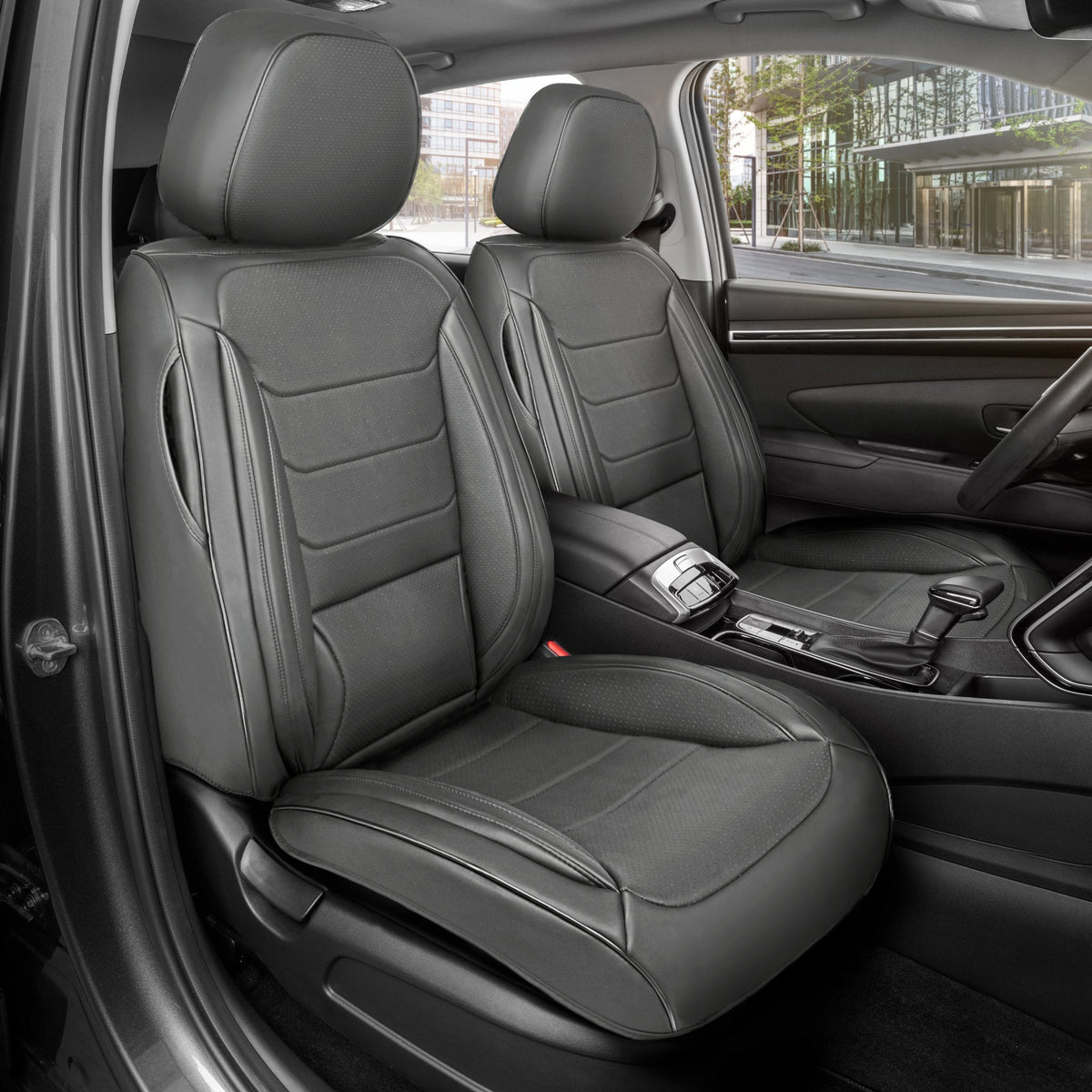 MotorBox Elite Edition Faux Ledersitz Abdeckungen für Autos, LKW und SUV - 2 graue Autositz Abdeckungen für Vordersitze - Universal Fit Car Zubehör Automotive Interior Cover Protector für die meisten Fahrzeuge