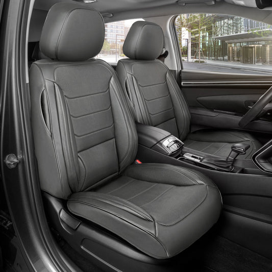 MotorBox Elite Edition Faux Ledersitz Abdeckungen für Autos, LKW und SUV - 2 graue Autositz Abdeckungen für Vordersitze - Universal Fit Car Zubehör Automotive Interior Cover Protector für die meisten Fahrzeuge