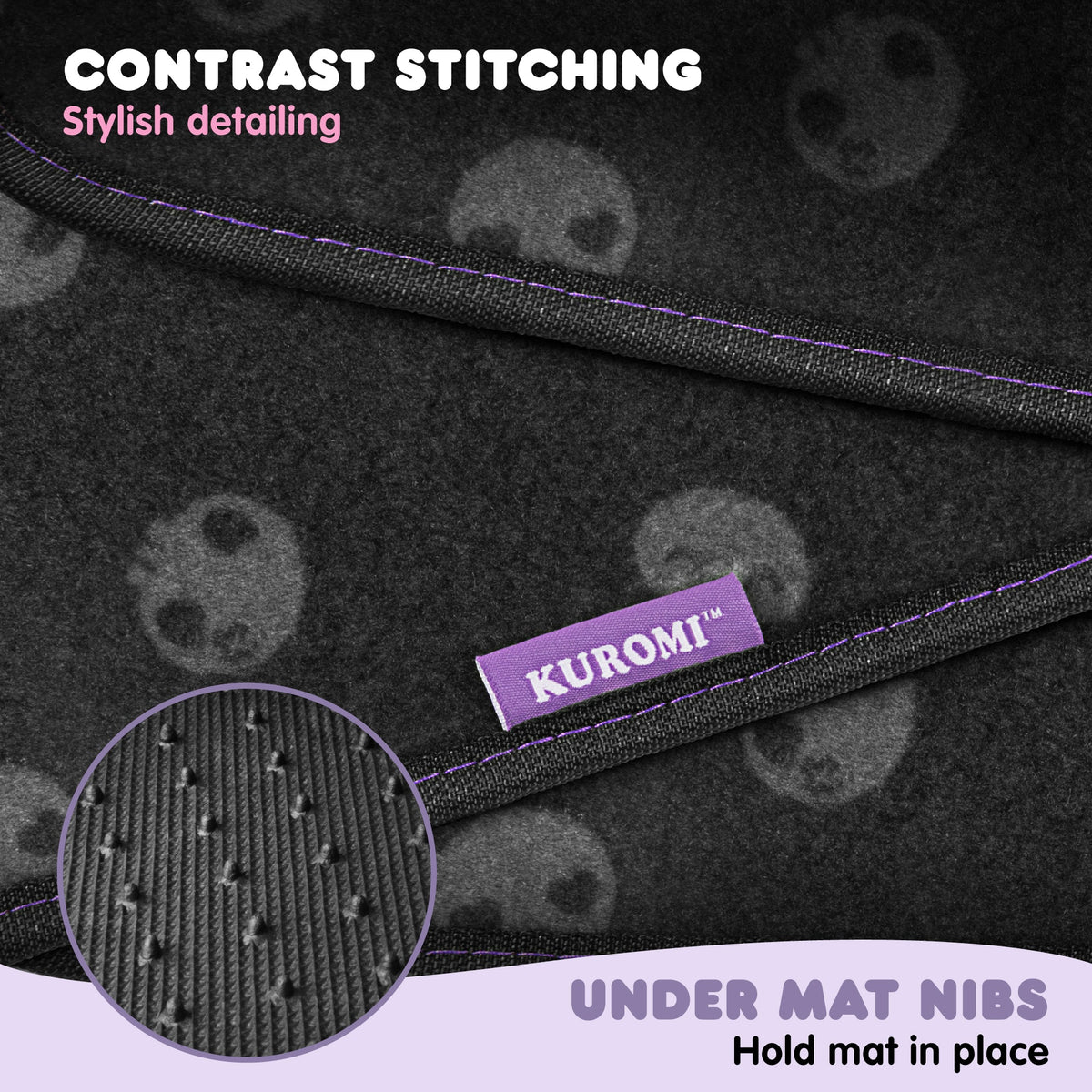 Kuromi Carpet Car Bodenmatten - Universal Fit für Autos, SUVs & Trucks - Schwarz mit Kuromi Print & Purple, Pink Accents - Front & Rear Set, 4 Stück
