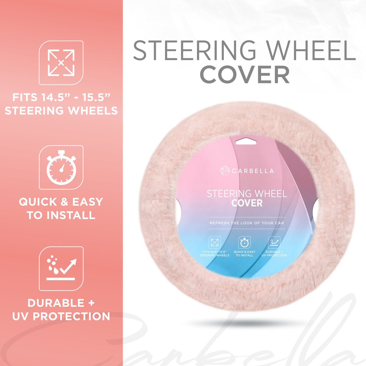 Carbella Soft Pink Fuzzy Lenkrad Abdeckung, Standard 15 Zoll Größe passt die meisten Fahrzeuge, niedliche Faux Pelz Auto Lenkung Abdeckung mit Soft Fluffy Furry Touch, Auto Zubehör für Frauen