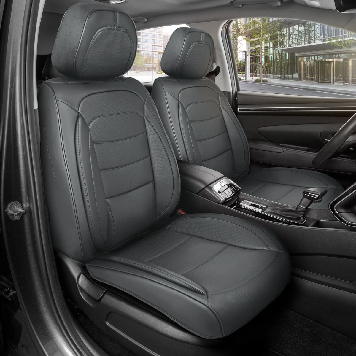 MotorBox Elite Edition Faux Ledersitzbezüge für Autos, LKW und SUV - 2 Holzkohle Autositzbezüge für Vordersitze - Universal Fit Car Zubehör Automotive Interior Protector für die meisten Fahrzeuge