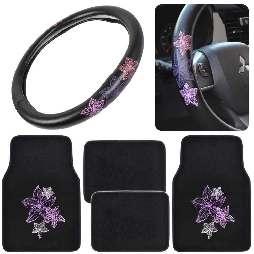 BDK 5-Piece Purple & White Flowers Vorderbodenmatten, Hinterbodenmatten und Lenkradabdeckung (Fits 14.5' - 15.5')