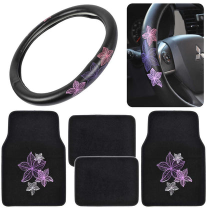 BDK 5-Piece Purple & White Flowers Vorderbodenmatten, Hinterbodenmatten und Lenkradabdeckung (Fits 14.5' - 15.5')