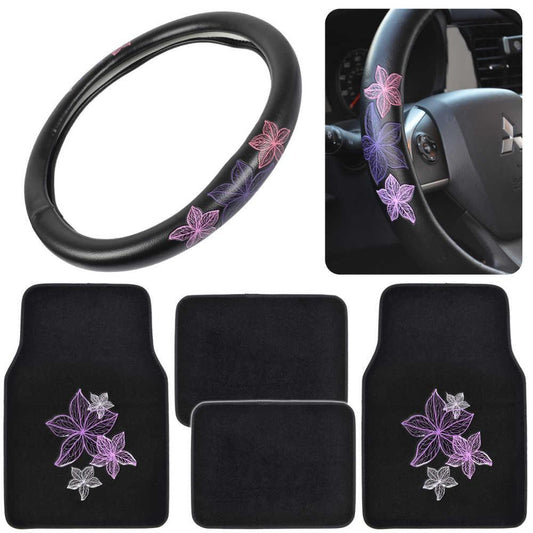 BDK 5-Piece Purple & White Flowers Vorderbodenmatten, Hinterbodenmatten und Lenkradabdeckung (Fits 14.5' - 15.5')