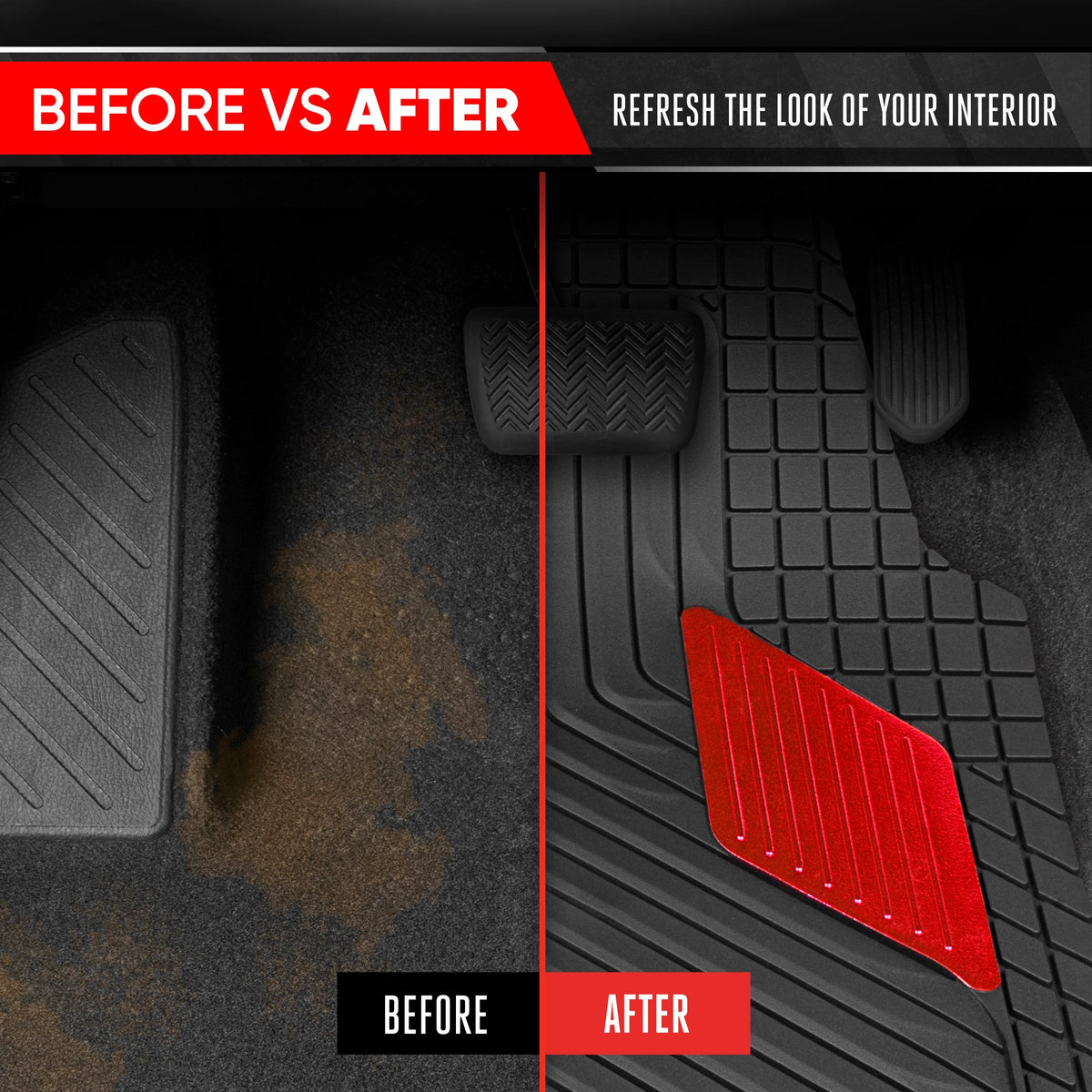 Motor Trend MetallicGuard Car Bodenmatten Volles Set - Langlebige Gummibodenmatten mit rotem Metallic Ferse Pad, Allwetter-Innenschutz für Vorder- und Rückseite mit rutschfester Rückseite