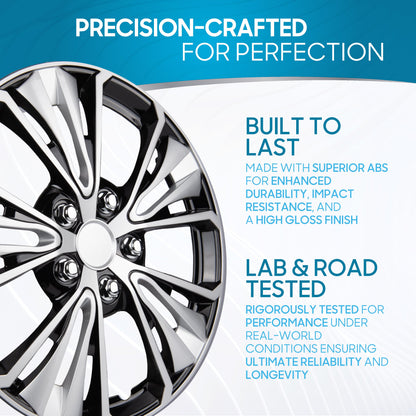 BDK 40,6 cm Hubcaps Set von 4 - OEM Ersatz Snap-On Wheel Rim Covers - Universal Fit Car Wheel Cover für Autos, LKW, SUV, Vans Durable ABS Black & Silver 5-Spoke Hub-Cap Car Zubehör Außen