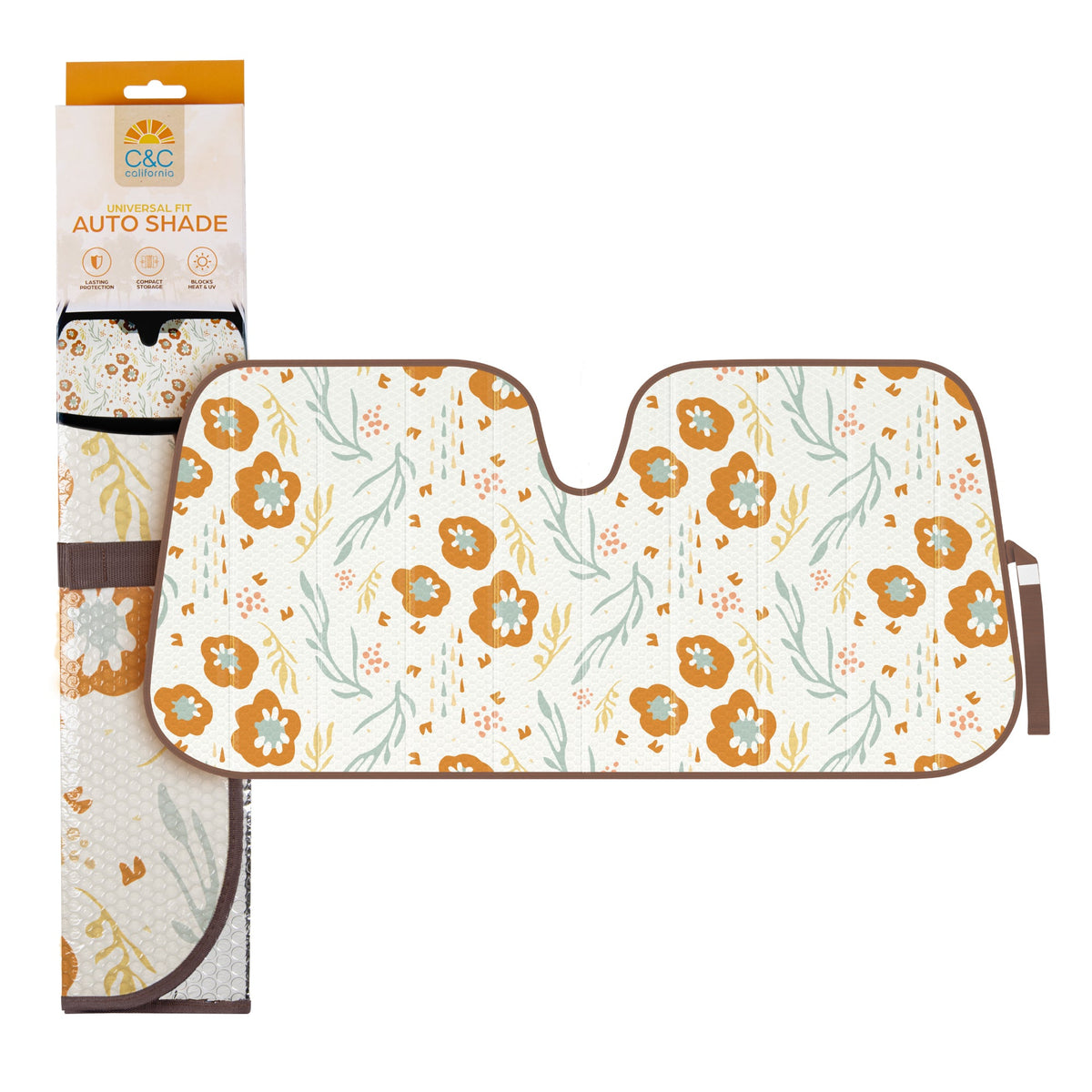 C&C Orange Floral Car Windschutzscheibe Sonnenschutz - Sun Visor SunShade für Auto-Windschutzscheibe - Fensterschirme für Autos, SUV & Truck - Dash Cover UV-Schutz für Front-Fensterschutz Zubehör - 57' x 27'