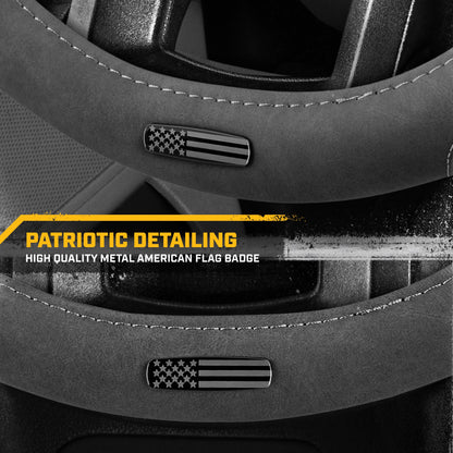 Cat® Honor Line Flux Lederlenkrad Abdeckung w Metall Flag Emblem, Grau Lederette, Standard 14.5-15.5 Zoll, Non Slip Komfort, Auto Lenkrad Abdeckung für Auto Truck SUV, Auto Zubehör