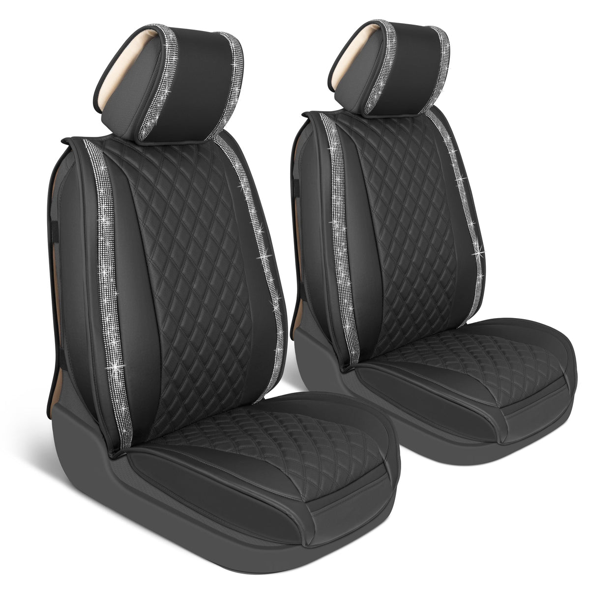 BlingStitchTM Car Seat Covers für Vordersitze - Luxuriöse vegane Ledersitzbezüge für Autos mit schwarzen Bling-Kristallen, Premium Automotive Seat Covers für SUV, Trucks, Car Bling Luxury