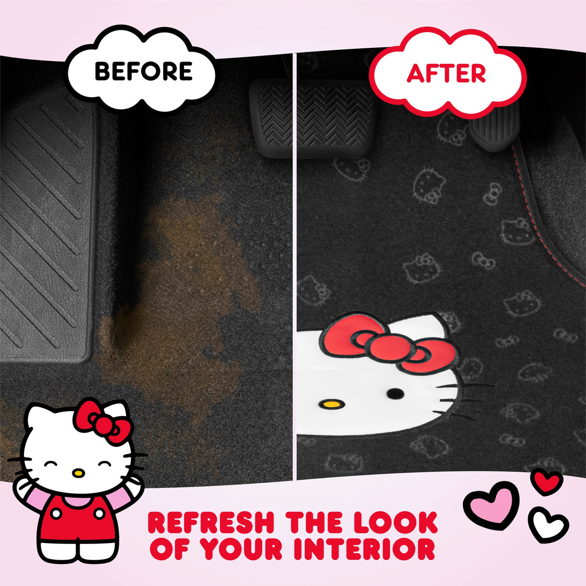 Hello Kitty Car Fußbodenmatten - Universal Fit für Autos, SUVs & Trucks - Schwarz mit rotem Bogen & Hello Kitty Print - Front & Rear Set, 4 Stück Auto Zubehör