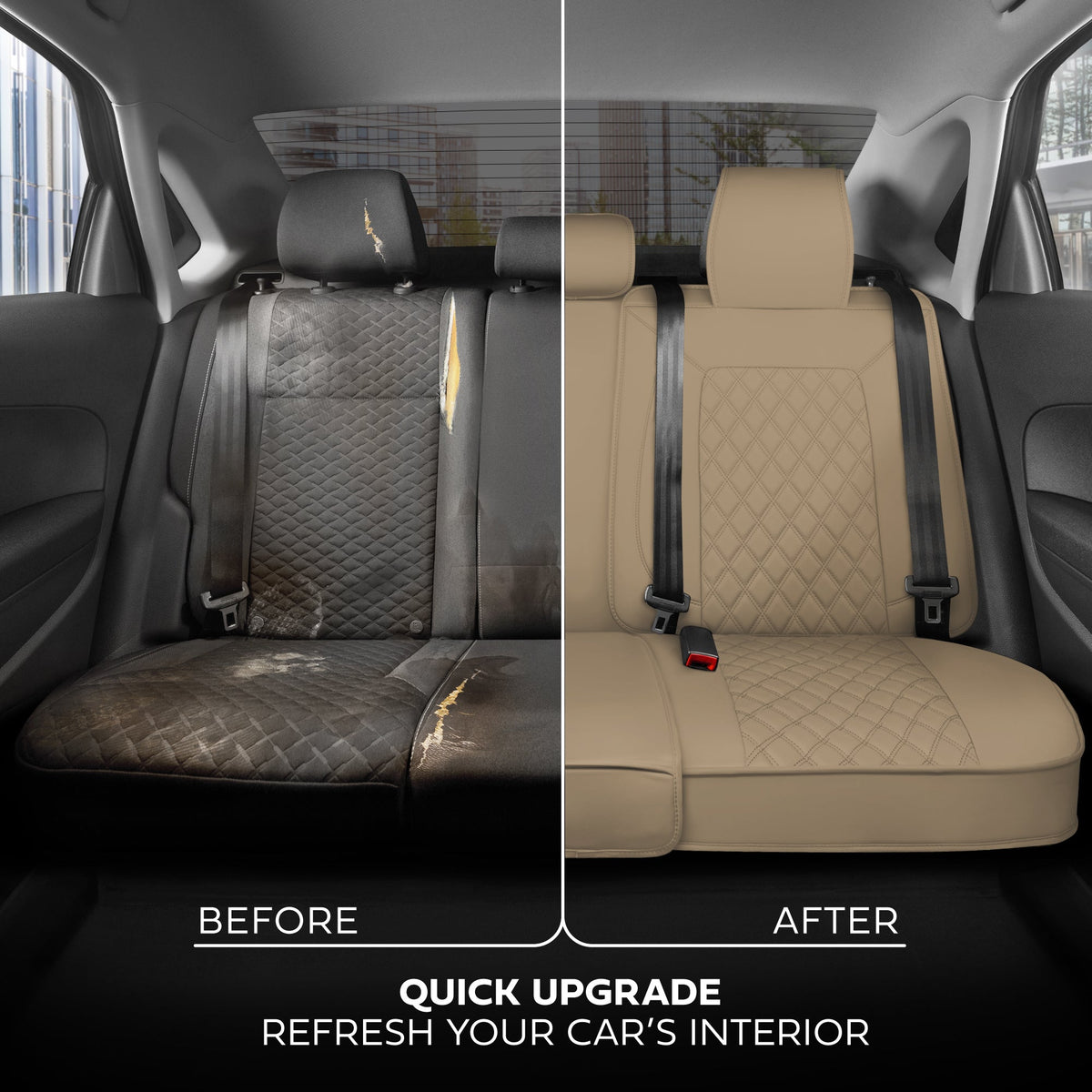 MotorBox Premium Napa Lederrücksitz Abdeckung - Semi Universal Fit für die meisten Autos, LKW & SUV - Beige Rücksitz Protector - Anti-Rutsch, langlebige Bench Abdeckung - Einfache Installation, Luxus Auto Interior Upgrade