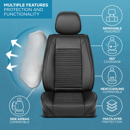 MotorBox Elite Edition Faux Leder & All Weather Wicker Sitzbezüge für Autos, LKW & SUV - 2 Black Car Seat Abdeckungen für Vordersitze - Universal Fit Car Zubehör Automotive Interior Protector