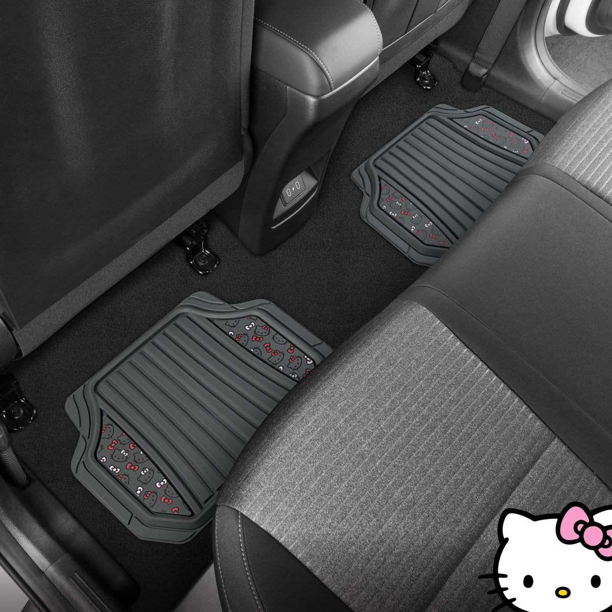 Hello Kitty Car Matts 4pc Bodenmatten für Autos LKWs SUVs Kawaii Autobodenmatten für Damen Männer Zubehör Gummi Heavy Duty Niedlich niedlich, immer vorne hinten Hallo Kitty Car Zubehör Classic Gray mit rosa Bögen