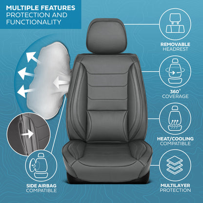 MotorBox Elite Edition Faux Ledersitz Abdeckungen für Autos, LKW und SUV - 2 graue Autositz Abdeckungen für Vordersitze - Universal Fit Car Zubehör Automotive Interior Cover Protector für die meisten Fahrzeuge