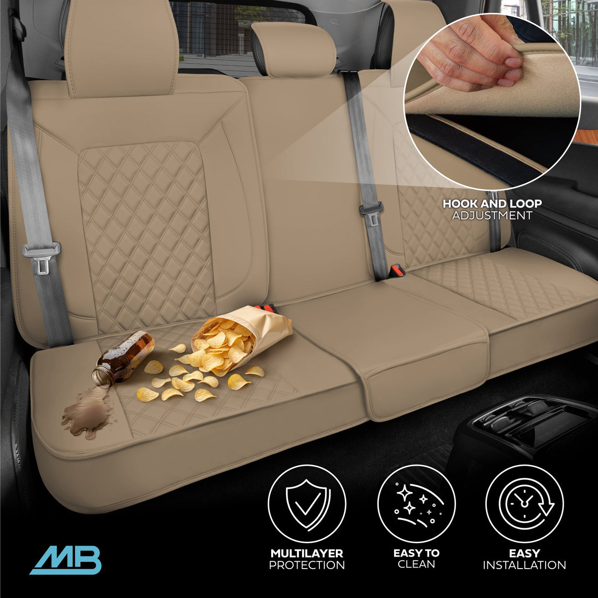 MotorBox Premium Napa Lederrücksitz Abdeckung - Semi Universal Fit für die meisten Autos, LKW & SUV - Beige Rücksitz Protector - Anti-Rutsch, langlebige Bench Abdeckung - Einfache Installation, Luxus Auto Interior Upgrade
