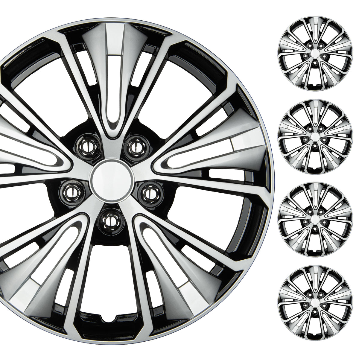 BDK 40,6 cm Hubcaps Set von 4 - OEM Ersatz Snap-On Wheel Rim Covers - Universal Fit Car Wheel Cover für Autos, LKW, SUV, Vans Durable ABS Black & Silver 5-Spoke Hub-Cap Car Zubehör Außen