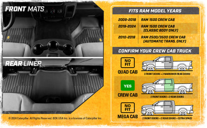 CAT 3-Stück JustFit 3D Vorderbodenmatten und Hinterbodenmatten für Dodge Ram 1500 Crew Cab 2009-2018, Dodge Ram 2500/3500 Crew Cab 2010-2018, Dodge Ram Classic 2019-2024
