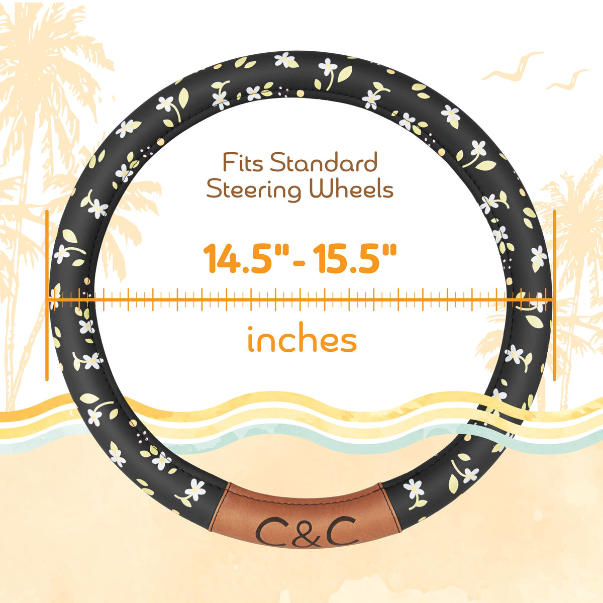 C & C California Car Steering Wheel Cover Blumen Daisy Blumen, nicht rutschig schwarze Lederlenkrad Abdeckung für Männer, niedlich Komfortable Soft Easy Installation Universal Fit (Fits 14.5'-15.5' Zoll)