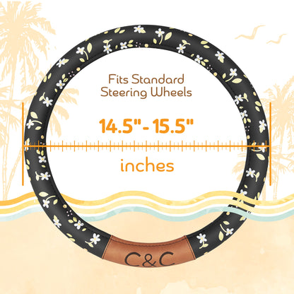C & C California Car Steering Wheel Cover Blumen Daisy Blumen, nicht rutschig schwarze Lederlenkrad Abdeckung für Männer, niedlich Komfortable Soft Easy Installation Universal Fit (Fits 14.5'-15.5' Zoll)