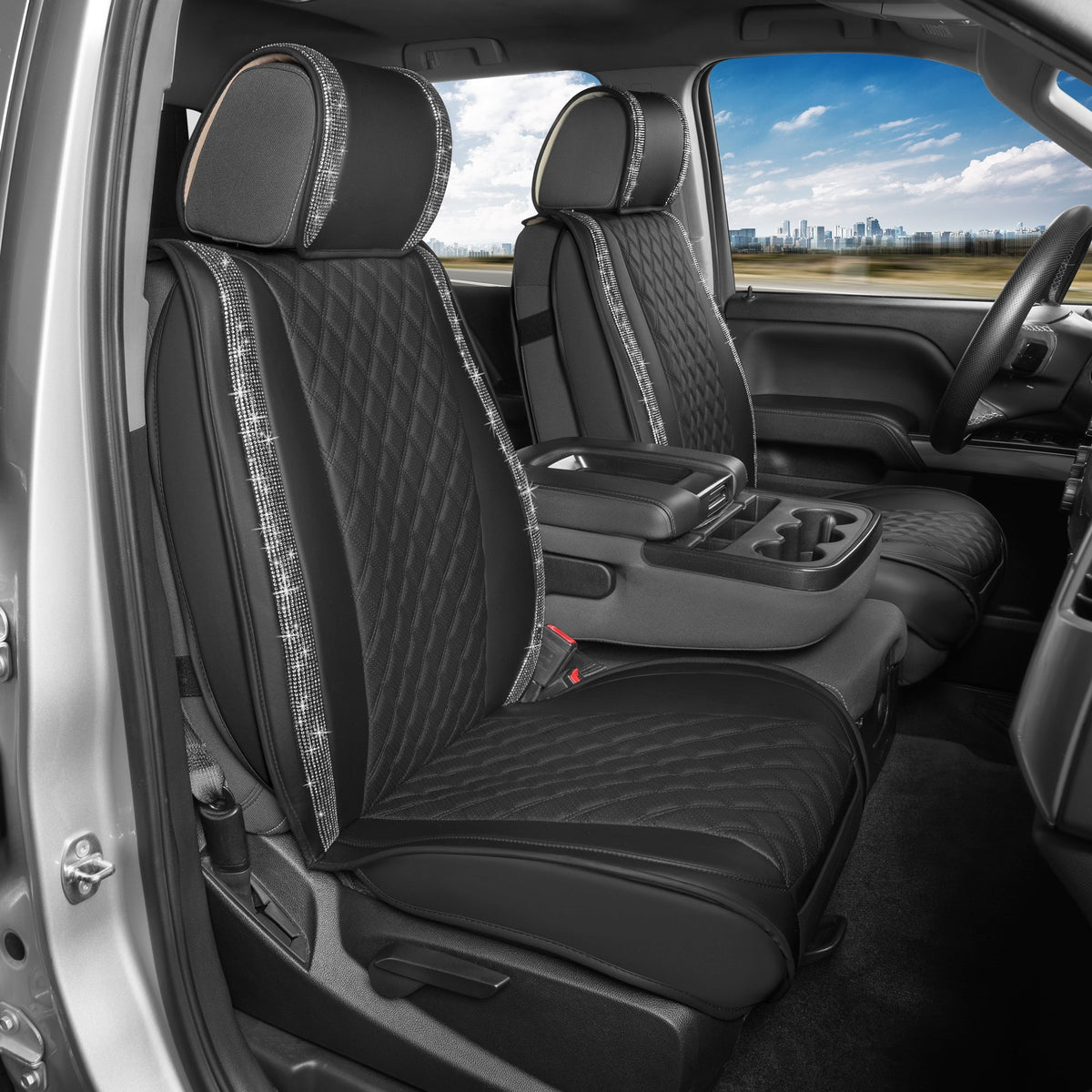 BlingStitchTM Car Seat Covers für Vordersitze - Luxuriöse vegane Ledersitzbezüge für Autos mit schwarzen Bling-Kristallen, Premium Automotive Seat Covers für SUV, Trucks, Car Bling Luxury