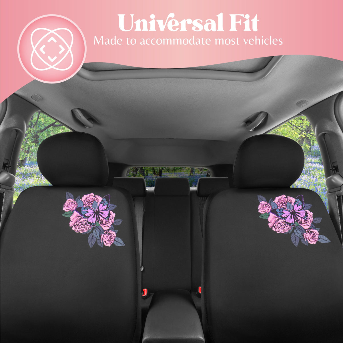 Pink Butterfly & Flowers Autositz Abdeckungen, niedliches Auto Zubehör für Damen Vordersitz Abdeckungen für Auto passt die meisten Autos Trucks Vans SUV bestickt Design