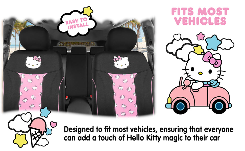 Hello Kitty Car Seat Covers - Niedliche und langlebige Pink Vordersitzbezüge, entzückendes Hello Kitty Design, komfortables und lang anhaltendes Polyester, Autozubehör Geschenk Hello Kitty Zubehör 2pc Schwarz / Pink