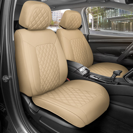 MotorBox Prestige Edition Faux Ledersitzbezüge für Autos, LKW und SUV - 2 Beige Autositzbezüge für Vordersitze - Universal Fit Car Zubehör Automotive Interior Protector für die meisten Fahrzeuge