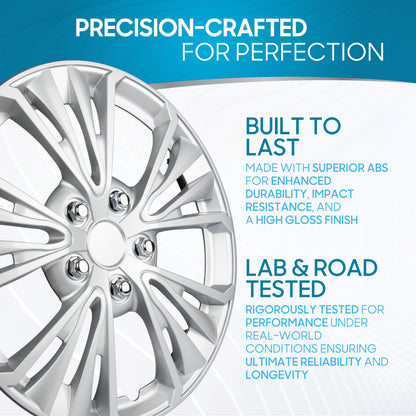 BDK 16 Zoll Hubcaps Set von 4 - OEM Ersatz Snap-On Wheel Rim Covers - Universal Fit Car Wheel Cover für Autos, LKW, SUV, Vans langlebig ABS 5-Spoke Silver Hub-Cap Car Zubehör Außen